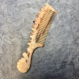 [Rare Creamy Gold] Dual-Sided Mature Argali Horn Scalp Massage Comb | Fine & Wide Teeth Meridian Gua Sha Tool with Sea Urchin Handle | 100% Natural & Un-dyed