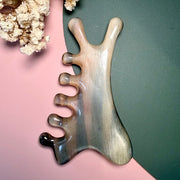 Argali Horn Antler-Fork Comb — Ink-Wash Cloud Grain, Hand-Carved Acupressure Tool