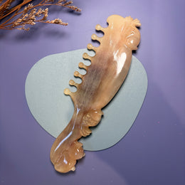 [Rare Creamy Gold] Hand-Carved Argali Horn Scalp Massage Comb | Double Fish Craft Meridian Gua Sha Tool | 100% Natural, Eco-Friendly & Un-dyed