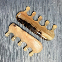 [Rare Creamy Gold] 2-Piece Pocket Mature Argali Horn Scalp Massage Comb Set | Portable Meridian Gua Sha Tools with Hidden Texture | 100% Natural & Un-dyed