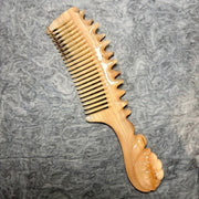 [Rare Creamy Gold] Dual-Sided Mature Argali Horn Scalp Massage Comb | Fine & Wide Teeth Meridian Gua Sha Tool with Sea Urchin Handle | 100% Natural & Un-dyed