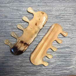 [Rare Creamy Gold] 2-Piece Pocket Mature Argali Horn Scalp Massage Comb Set | Portable Meridian Gua Sha Tools with Hidden Texture | 100% Natural & Un-dyed